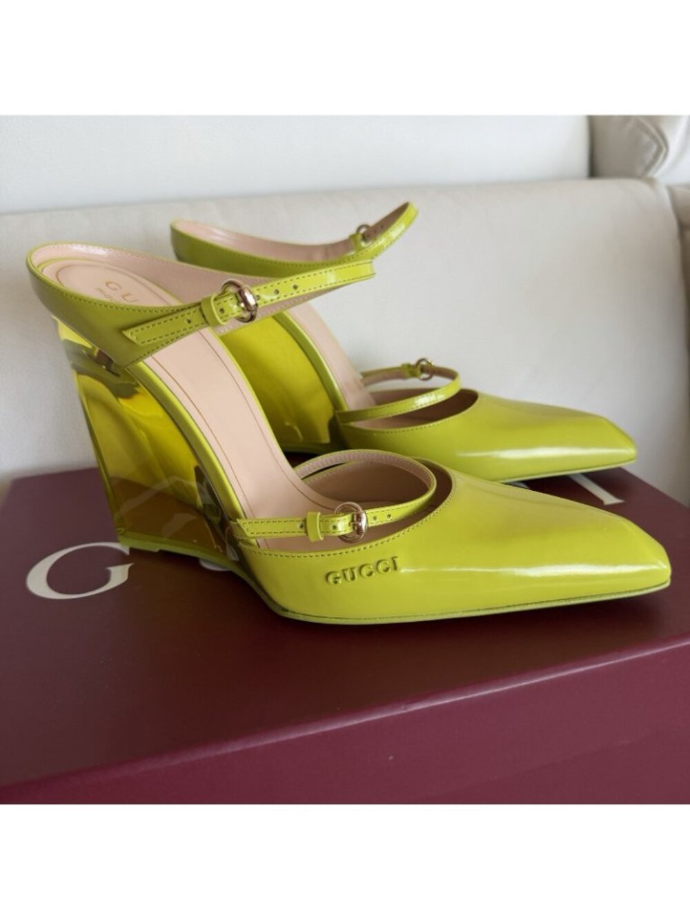 Gucci Lime Green Patent Leather Mary Jane Wedge Heels - Picture 4 of 11
